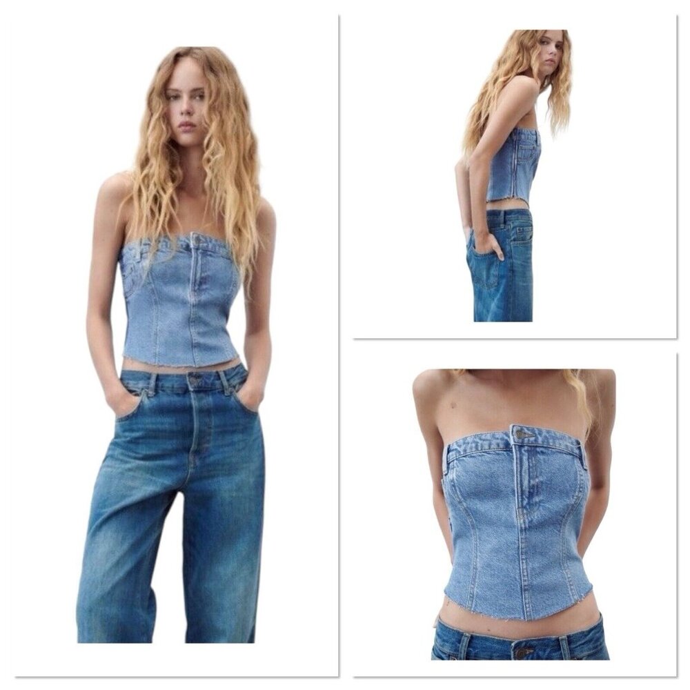 ZARA The Jean Top In Medium Blue Corset‎ Womens Xs Strapless Bustier Denim NWT
